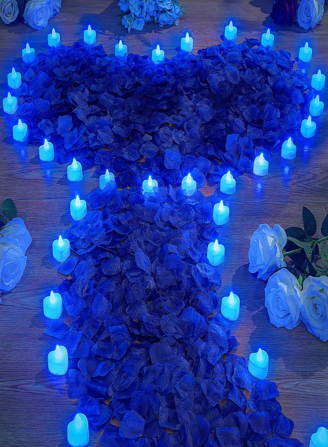 في هوز 4000 قطعة من بتلات الورد الاصطناعية مع 24 شمعة LED صغيرة بدون لهب، بتلات ورد صناعية لحفلات أعياد الميلاد والخطوبة والزفاف (ضوء أزرق، بتلات زرقاء) - Image 1